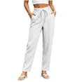thumbnail image 1 of Ayolanni Solid Pants for Women Cotton Linen Comfy Straight Leg Pants Flowy Drawstring Elastic Waist White Petite Trousers with Pockets L, 1 of 5