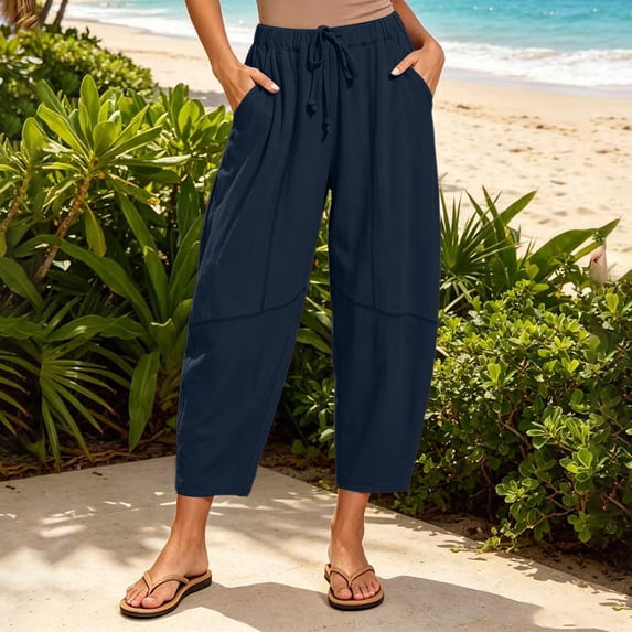 Ayolanni Solid Pants for Women Elastic Waist Flowy Casual Jogger Pants Boho Drawstring Loose Blue Straight Trousers with Pockets M