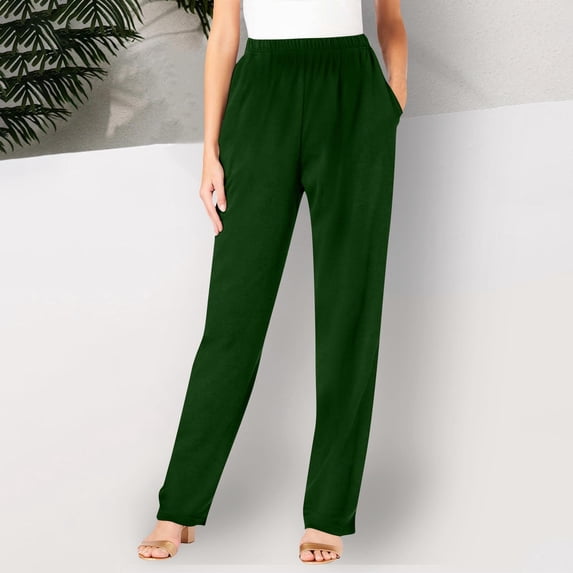 Ayolanni Solid Pants for Women Flowy Workout Elastic Waist Straight Leg Pants Hiking Loose Green Athletic Trousers with Pockets L