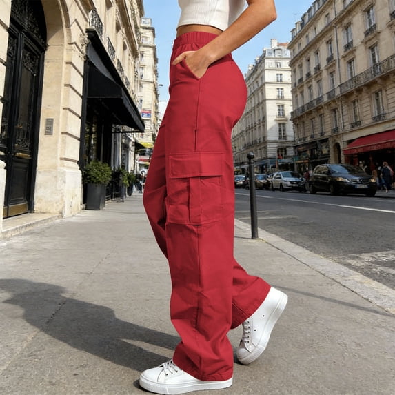 Ayolanni Solid Pants for Women Hiking Cargo High Waist Straight Leg Pants Golf Wine Loose Camping Trousers with Pockets M