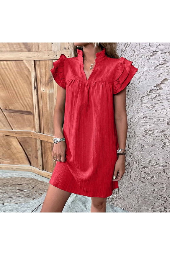 Solid Spring Dresses for Women Short Sleeve Flutter Sleeve V-Neck Casual Midi Shift Dress Lapel Boho Ruffle Party Beach Sundress Red M
