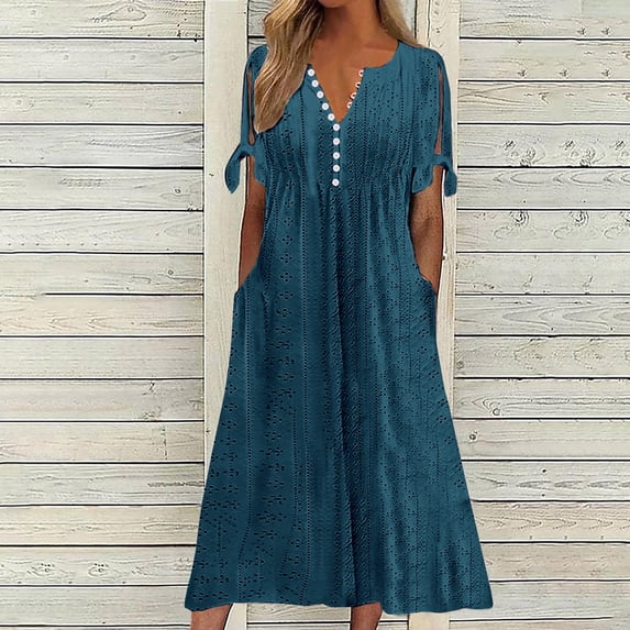 Ayolanni Solid Summer Dresses for Women Short Sleeve V-Neck Breathable Maxi Shift Dress Vacation Button Eyelet Beach Sundress with Pockets Blue XL