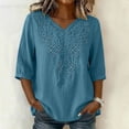 thumbnail image 1 of Ayolanni Solid Summer Women Blouses Embroidered V-Neck Collarless 3/4 Sleeve Blouse Comfortable Fitted Cotton Linen Tees Womens Spring Tops Blue L, 1 of 7