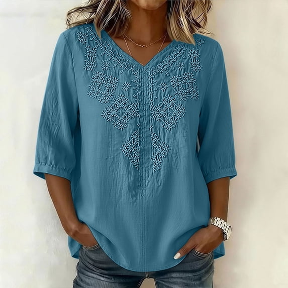 Ayolanni Solid Summer Women Blouses Embroidered V-Neck Collarless 3/4 Sleeve Blouse Comfortable Fitted Cotton Linen Tees Womens Spring Tops Blue L