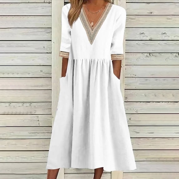 Ayolanni Solid Sundresses for Women V-Neck Elbow-Length Lace Cotton Linen Maxi A-Line Dress Daily Flowy Beach Sundress with Pockets White L