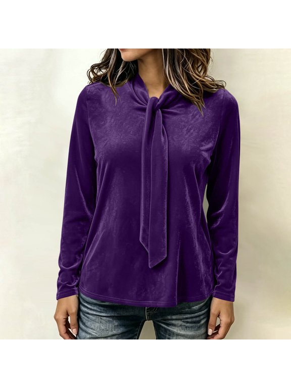 Solid Tops for Women Tie Neck Long Sleeve Velvet Blouse Bow Front Dressy Tunic Tops Purple XXL