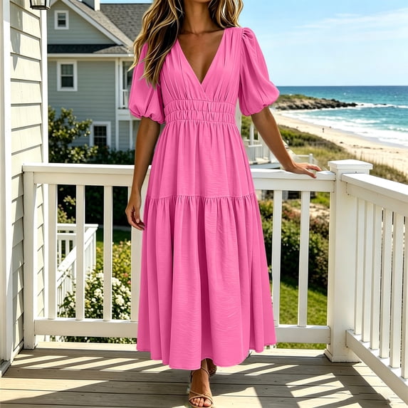 Ayolanni Solid Women Summer Dresses Puff Sleeve V-Neck Short Sleeve Smocked Maxi A-Line Dress Wedding Guest Dressy Party Knee Length Ruffle Sundress Pink XL