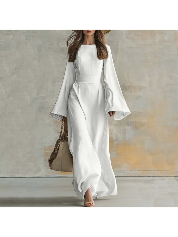 Solid Women’s Fall Dress Pleated High Waist Crew Neck Long Sleeve Long Shift Dress Flowy Going Out Vacation Sundress White L