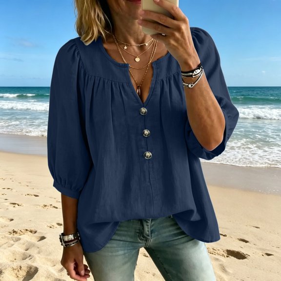 Ayolanni Solid Womens Blouses Henley Ruched 3/4 Sleeve 100% Cotton Blouse Basic Button Down Bell Ladies T-Shirt Tops for Women Blue S