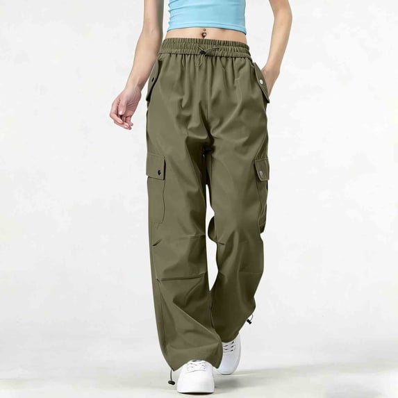 Ayolanni Solid Womens Summer Pants Drawstring Elastic Waist Straight Leg Tummy Control Pants Cargo Lightweight Versatile Pants with Pockets Green L