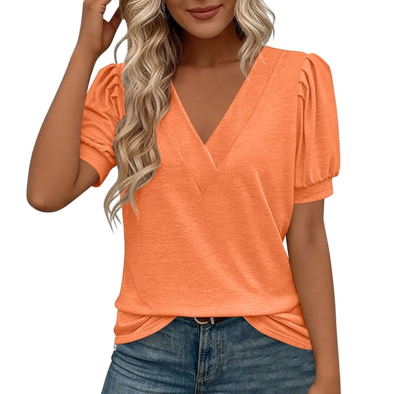 Ayolanni Solid Womens T Shirts Patchwork V-Neck Collarless Short Sleeve Blouse Dressy Workout Plus Size Puff Tees Women's Tops, Tees & Blouses Orange XL