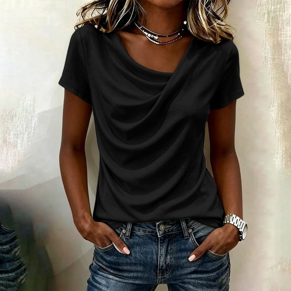 Ayolanni Solid Womens T Shirts Short Sleeve Soft Business V-Neck Blouse Pleated Fitted Shirts Women's Tops, Tees & Blouses Black L