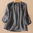 thumbnail image 1 of Ayolanni Solid Womens T Shirts V-Neck 3/4 Sleeve Embroidered Cotton Linen Blouse Puff Fitted Button Down Ruffled T-Shirt Tops for Women Gray XXL, 1 of 9