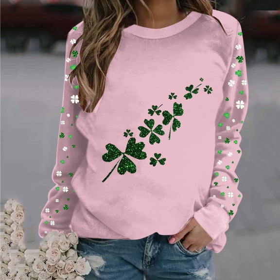 Ayolanni St. Patrick's Ladies Sweatshirts Pullover Graphic Pink Plus Size Clover Round Neck T-Shirt Womens Blouses XXL
