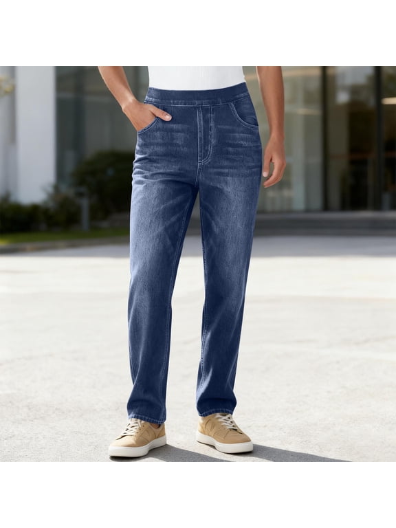 Straight Leg Jeans for Women Mid Rise Stretchy Petite Pull On Relaxed Fit Trendy Jeans with Pockets Dark Blue M