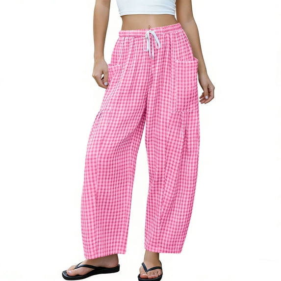 Ayolanni Stretch Womens Pants Boho Gingham Wide Leg Pants Drawstring Elastic Waist Girls Pink Loose Trousers with Pockets XL