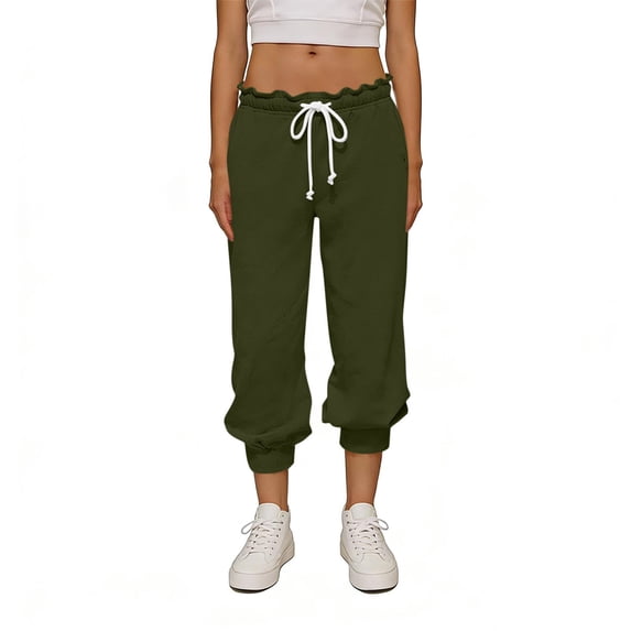 Ayolanni Stretch Womens Pants Boho Solid Jogger Pants Drawstring Elastic Waist Lounge Green Baggy Trousers with Pockets M