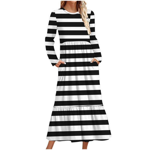 Ayolanni Striped Women’s Fall Dress Crew Neck Swing Long Sleeve Pleated Maxi A-Line Dress Dressy Going Out Fashion Sundress Black L