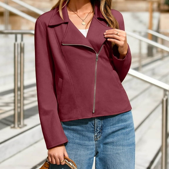 Ayolanni Suede Blazer Women Red Zip Up Cropped Solid Bike Long Sleeve Fashion Lapel Collar Jacket Jackets for Women XL