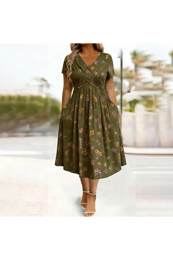 Summer Dresses for Women 2026 V-Neck Boho Short Sleeve Floral Midi A-Line Dress Twist Beach Vacation Fitted Waist Going Out Sundress with Pockets Green L