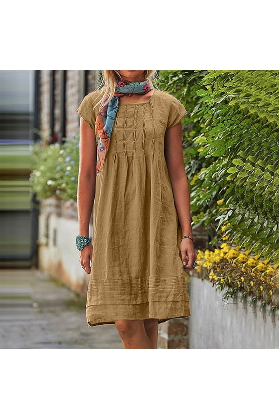 Summer Dresses for Women Crew Neck Midi Short Sleeve Dress Cotton Linen Dating Solid Color Smocked Leisure Sundress M
