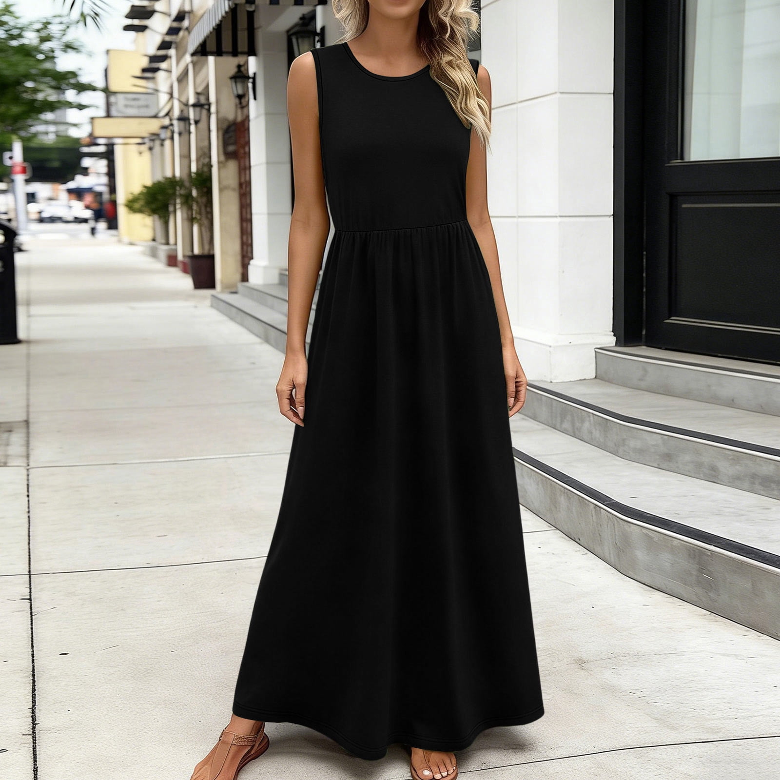 casual short sleeve summer dresses for women Maxi Dress Crew Neck A-Line Dress Dressy Swing Vacation Long T Shirt Black at Amazon Women's Clothing store Quiet Luxury Power Femme Fabric:Organic Cotton YGroup_F2PMOCND neck + short sleeves