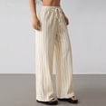 thumbnail image 1 of Ayolanni Summer Pants for Women Boho Slacks Striped Wide Leg Pants Drawstring High Waist Flowy Beige Petite Palazzo Pants with Pockets L, 1 of 8