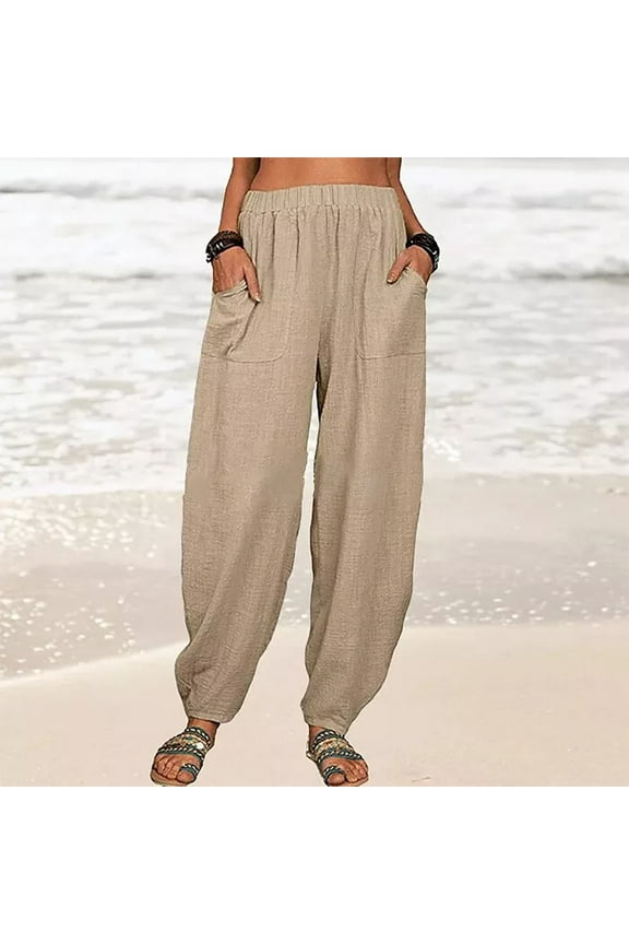 Summer Pants for Women Cotton Khaki Cuffed Elastic Band Solid Trousers Pants for Women Jeans Capris XXL