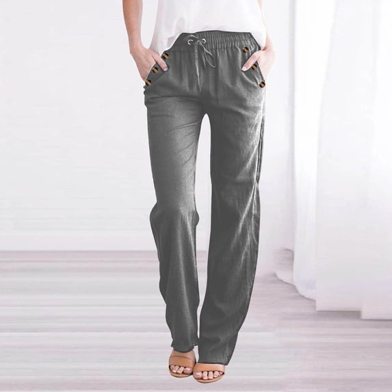 Ayolanni Summer Pants for Women Pleated Lightweight Solid Straight Leg Pants Petite Lounge Drawstring High Waist Gray Pants with Pockets XL