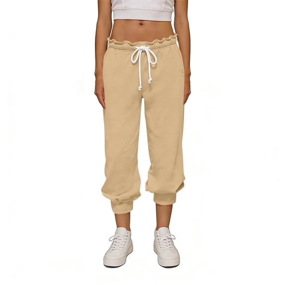Ayolanni Summer Pants for Women Stretch Solid Boho Jogger Pants Drawstring Elastic Waist Lounge Khaki Baggy Trousers with Pockets L