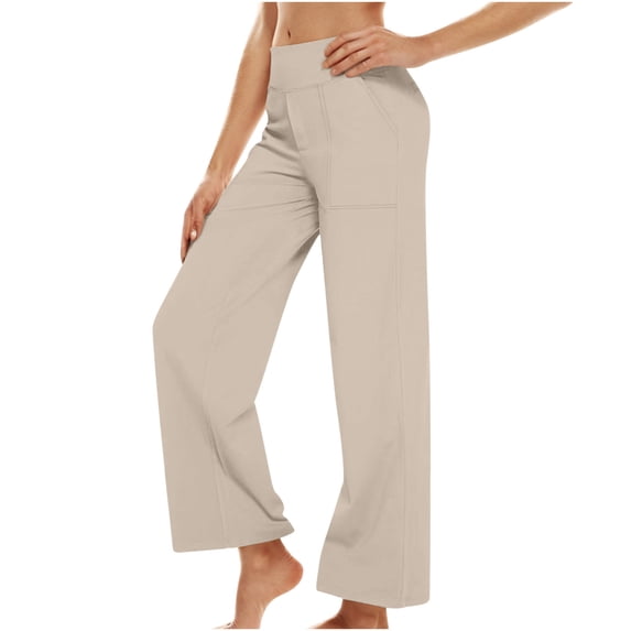 Ayolanni Summer Pants for Women Yoga Athletic Solid Wide Leg Pants Gym Lounge High Waist Beige Palazzo Pants L