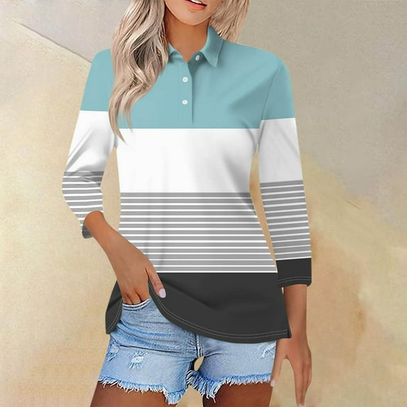 Ayolanni Summer Tops for Women 2025 Long Sleeve Striped Green Collared Pullover Polos Ladies Tops and Blouses L