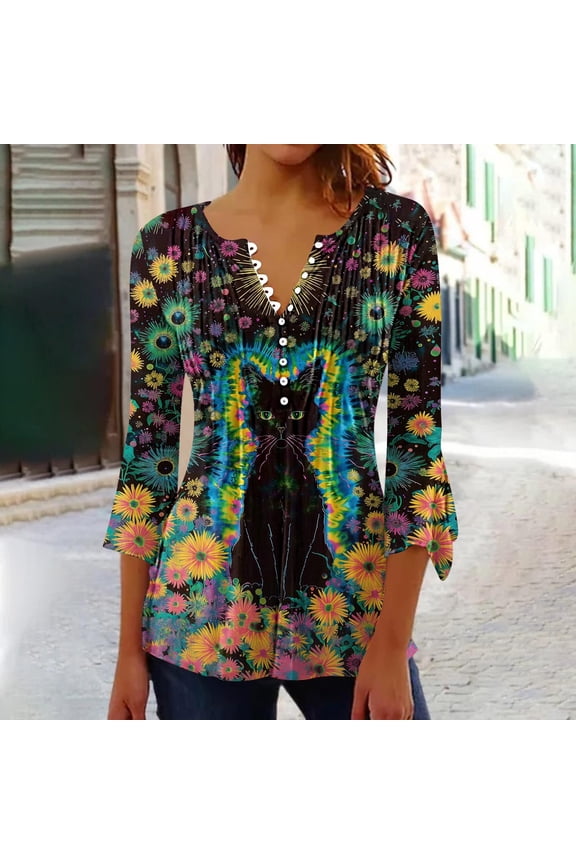Summer Tops for Women V-Neck 3/4 Sleeve Flared Sleeve Cat Print Blouses Summer Blouses for Ladies XL