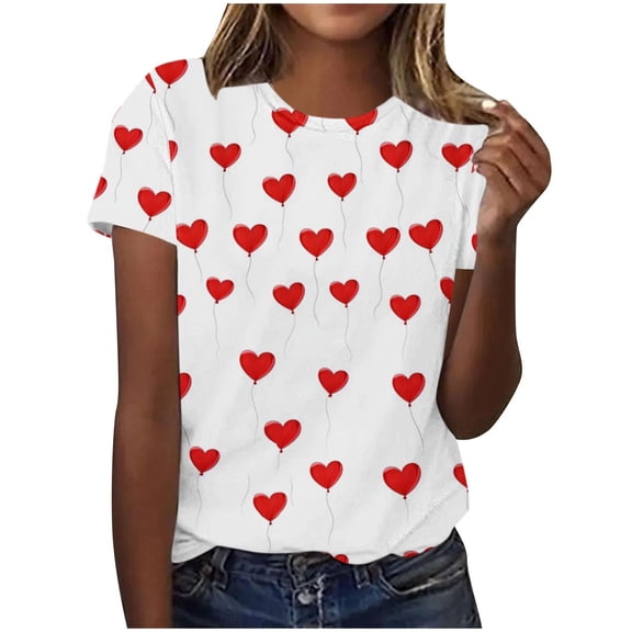 Ayolanni Summer Tops for Women Trendy Short Sleeve Valentines Graphic Tee Holiday Cute Heart T-Shirt Women's Blouse L
