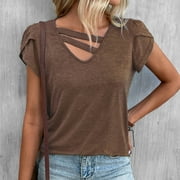 Ayolanni Summer Tunic for Women Brown Asymmetric Neck Short Sleeve T-Shirts Blouse Solid Tops Size L