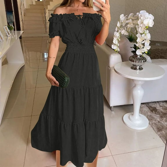 Ayolanni Sun Dresses Women Black Off-The-Shoulder Solid Puff Short Sleeve Maxi Dresses Dresses for Girls L