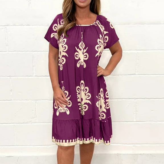 Ayolanni Sun Dresses Women Purple Boho Crew Neck Short Sleeve Midi Dresses Dresses for Juniors S