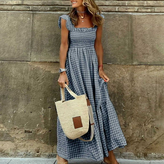 Ayolanni Sun Dresses for Women Plaid V-Neck Ankle-Length Black Sleeveless Vacation Dresses Girls Holiday Dresses L