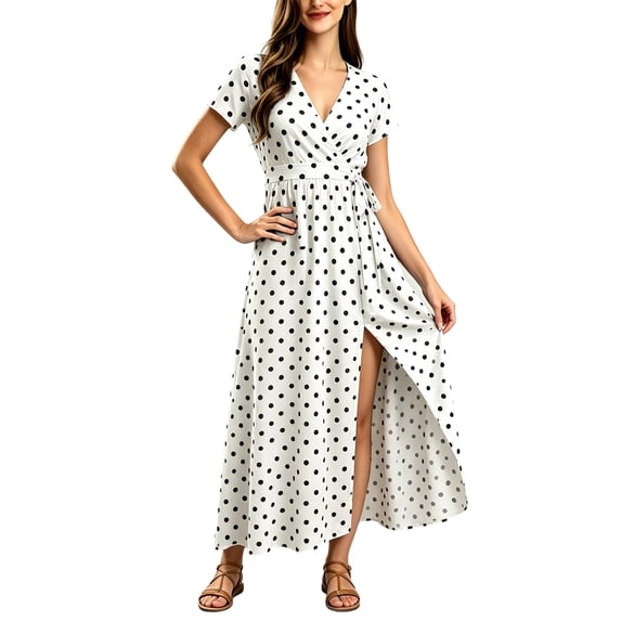 Ayolanni Sundresses for Women Polka Dots Boho Short Sleeve V-Neck Maxi A-Line Dress Vacation Workout Tie Waisted Side Slit Sundress White XXS