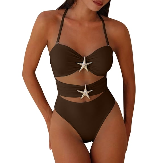 Ayolanni Swim Suits for Women 2026 Push-Up One-Piece Cutout Tummy Control Swimwear Halter Cheeky Bikinis Solid Backless Bathing Suit Brown L