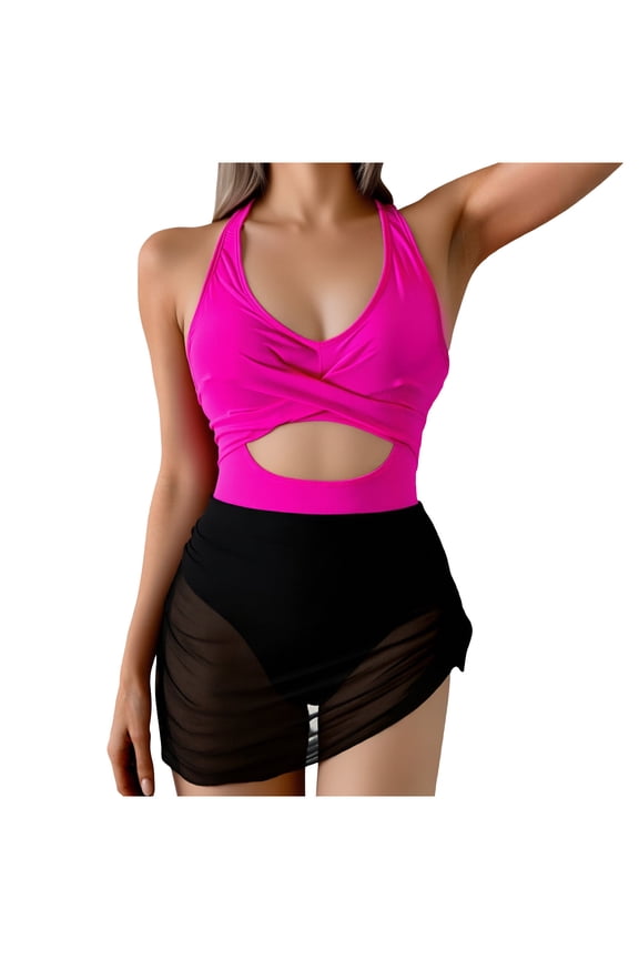 Swimsuit for Women Pink Mesh Wrap Lace up Criss Cross Colorblock Monokinis Swimsuit Bottoms for Women L