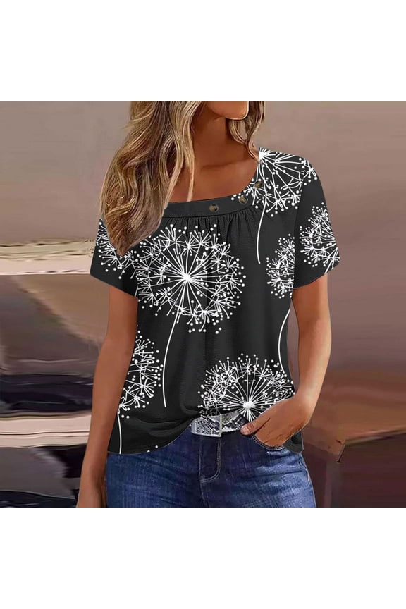 T-Shirts for Women Square Neckline Casual Short Sleeve Shirts Oversized Pleated Graphic Tees Womens Basic Shirts
