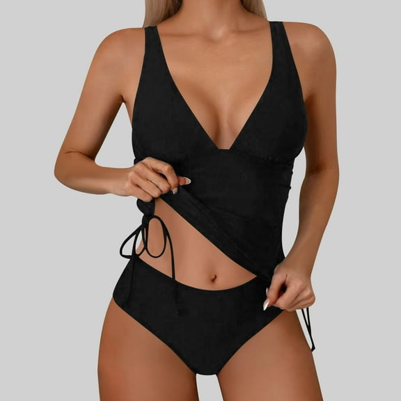 Ayolanni Tankini Cute Swimsuits for Women Separate Modest V-Neck Black Solid Two-Piece Sets Juniors Swimwear L