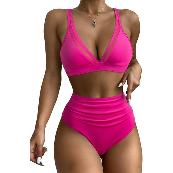 Ayolanni Tankini Swimsuits for Women Deep V-Neck Cheeky Pink Separates Solid Bikini Swimsuit for Teenage Girls L