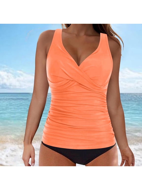 Tankinis Womens Tankini Bathing Suits Separate Modest Orange V-Neck Solid Two-Piece Sets Juniors Swimdress 2x