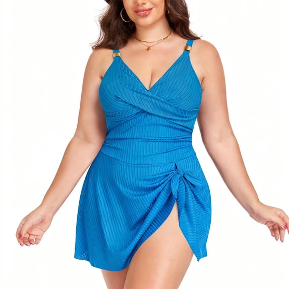 Ayolanni Tie Knot Swimsuit for Women Push-Up Tummy Control One-Piece Swimwear Low Back Spaghetti Straps Casual Ruched Solid Bathing Suit Blue XL