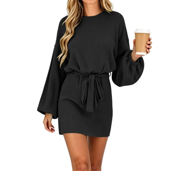 Ayolanni Tie Waist Fall Outfits for Women Solid Ribbed Knit Crew Neck Long Sleeve Midi A-Line Dress Party Workout Casual Sundress Black XL