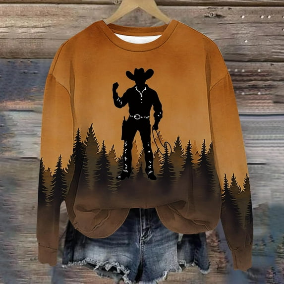 Ayolanni Tops for Women Long Sleeve Brown Crew Neck Western Cowboys Pullover Blouses Shirts Women L