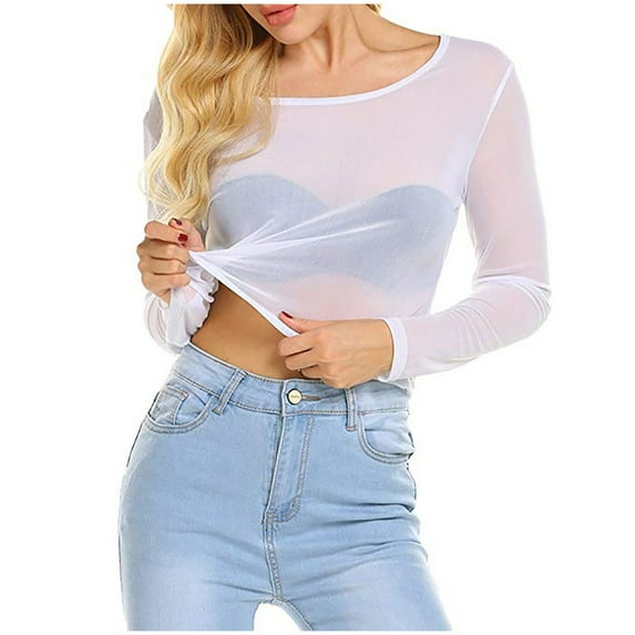Ayolanni Tops for Women Trendy White Long Sleeve Sheer Mesh Solid Blouses Shirts for Teen Girls L