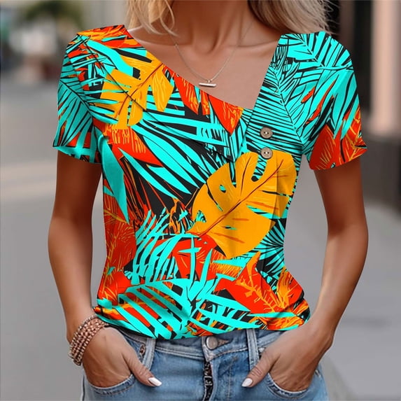 Ayolanni Tropical Print Basic Tees for Women Seamless Button Down Short Sleeve V-Neck Blouse Hawaii Beach Fitted Shirts Womens Spring Tops Green L